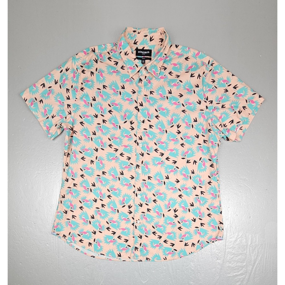 Bonobos Button Up Shirt Mens 2X Slim Fit Peach Tucan Print Stretch Short Sleeve